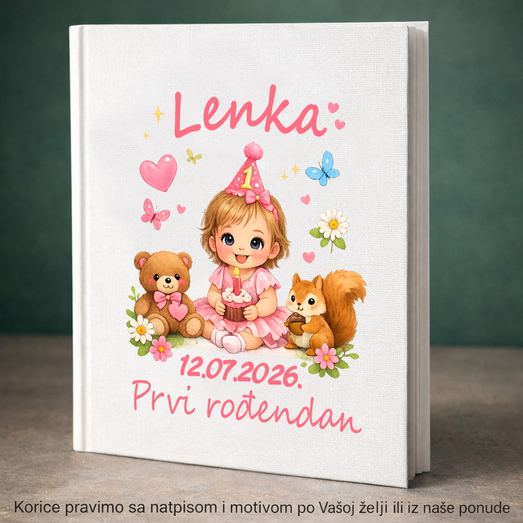 Foto album sa imenom deteta i ilustracijom mede i devojcice